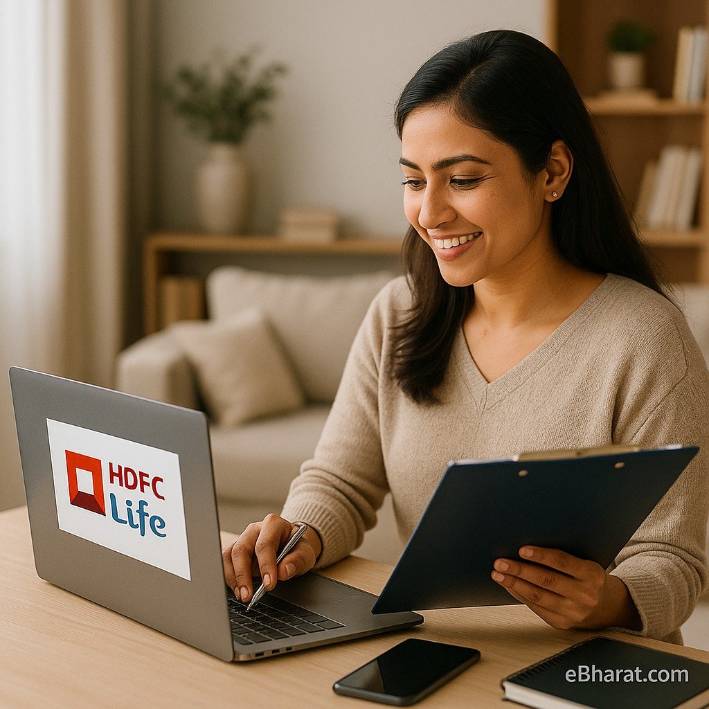 A young Indian professional sitting at a home desk with a laptop and smartphone, working as an HDFC Life agent from home. Papers and a tea cup on the desk, bright indoor daylight, with eBharat.com watermark.