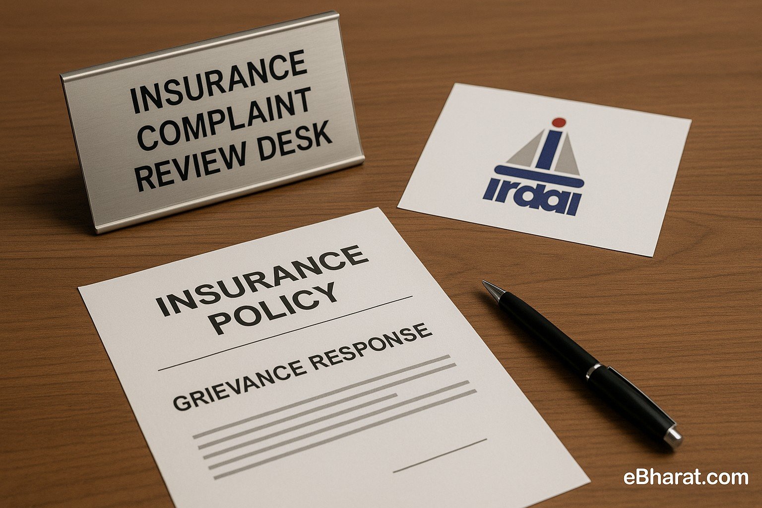 Insurance Complaint Review Desk with IRDAI document and ombudsman note