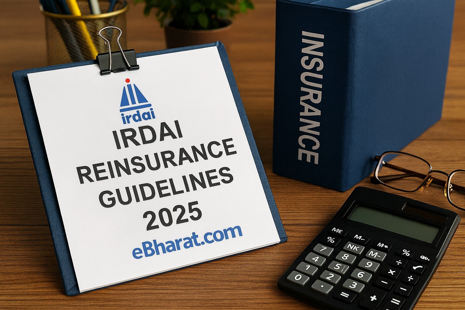 A desk with a printed document titled “IRDAI Reinsurance Guidelines 2025,” featuring the IRDAI logo at the top and eBharat.com branding at the bottom. Nearby are an insurance binder, calculator, and eyeglasses, symbolizing insurance regulations and financial planning.