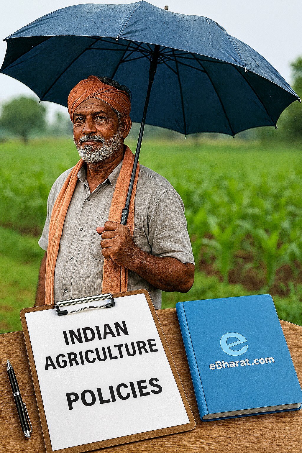An elderly Indian farmer holding an umbrella in a green agricultural field, symbolizing protection. In the foreground, a clipboard document labeled “Indian Agriculture Policies” and a blue folder with eBharat.com branding are placed on a wooden desk, representing crop insurance and reinsurance support.