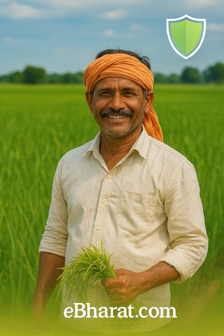 Smiling Indian farmer in a lush green rice field holding freshly harvested paddy, wearing an orange turban, with eBharat.com watermark and a green shield insurance logo.