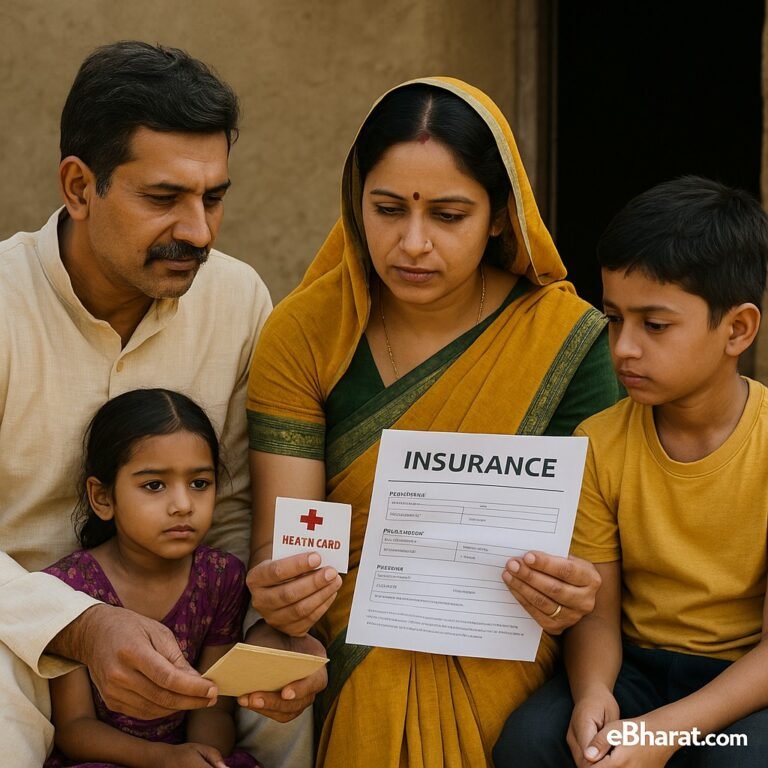 Rural Indian family discussing insurance outside their home