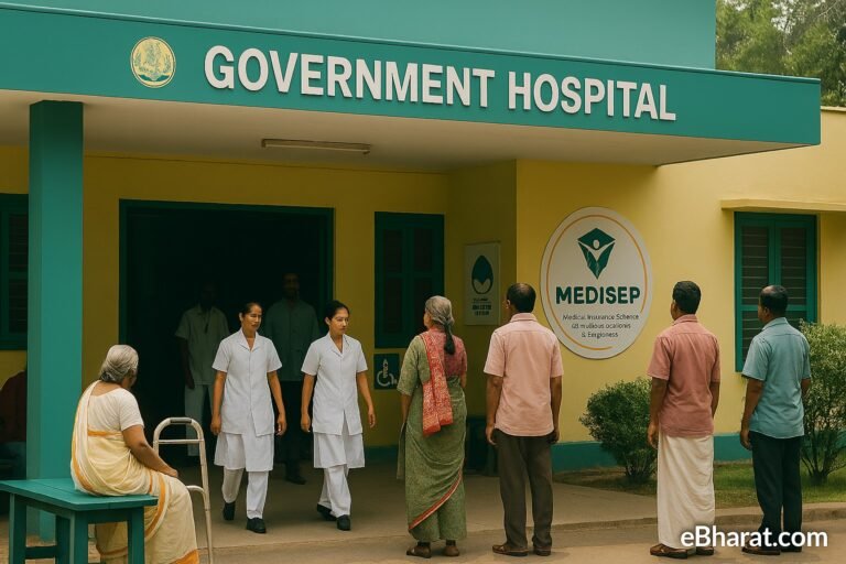 Entrance of Kerala government hospital with patients and nurses, displaying MEDISEP logo, representing MEDISEP Phase II medical coverage expansion.