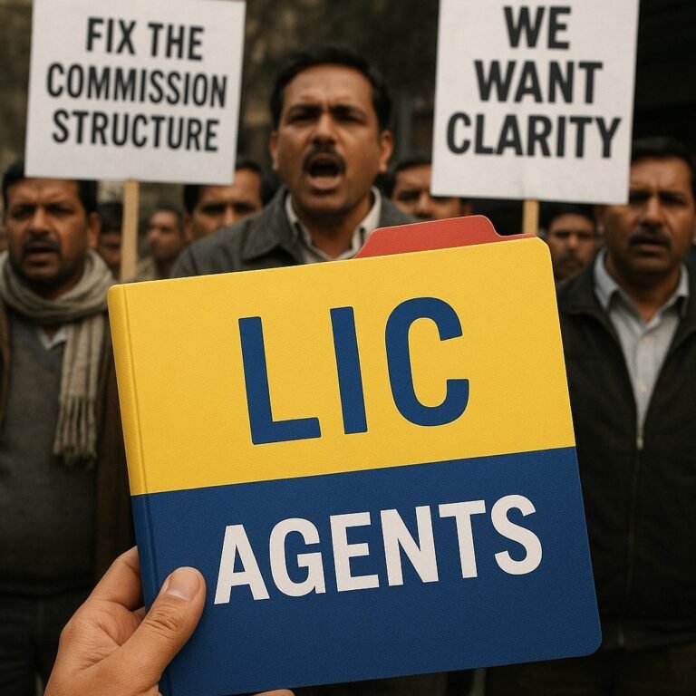 LIC agents protesting with placards demanding clarity on commission structure, a yellow and blue file folder labeled 'LIC Agents' held in foreground.