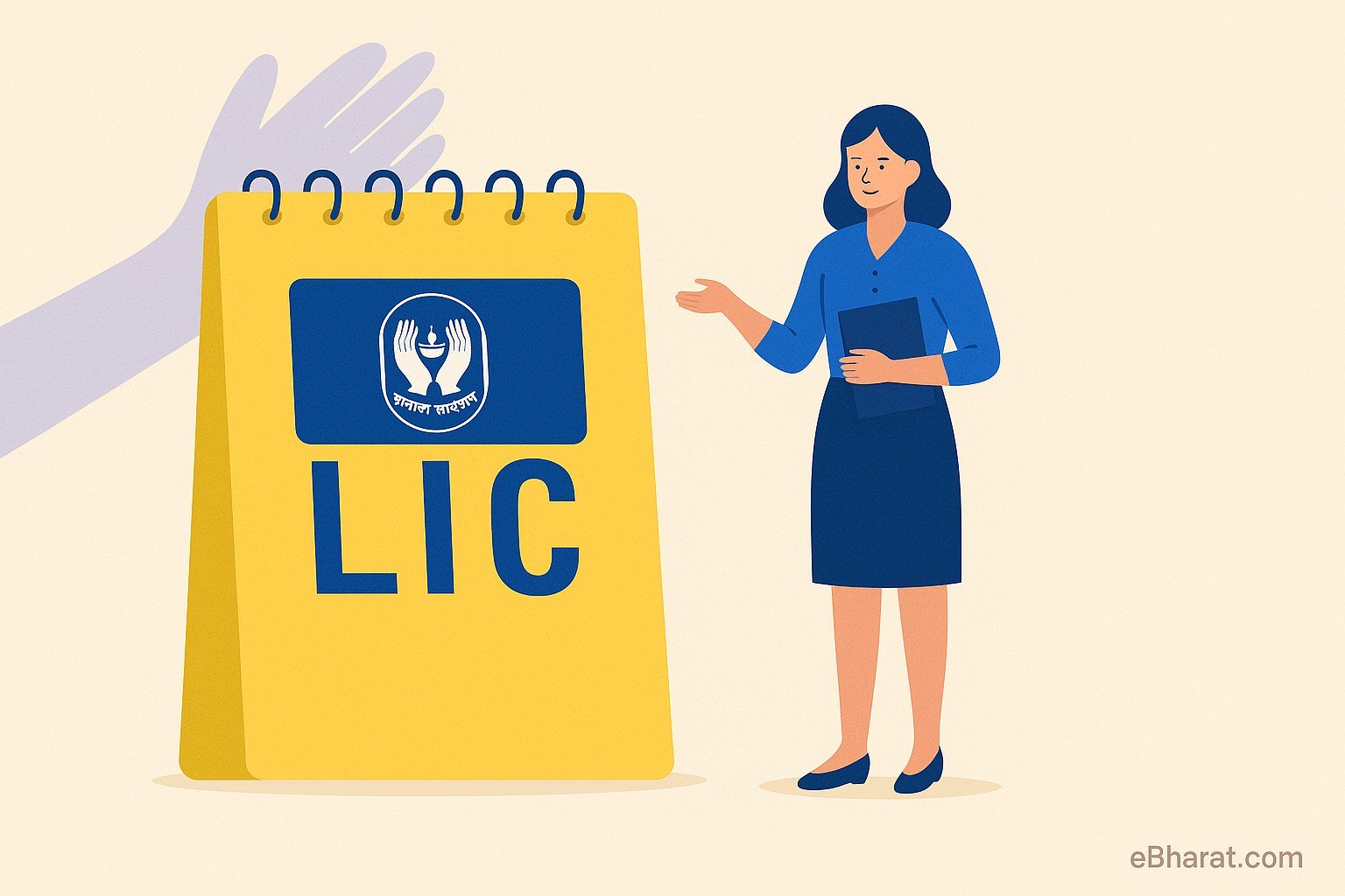 Illustration of LIC-branded folder with a woman holding a clipboard beside it, highlighting the Insurance Sakhi scheme offering ₹7,000 per month
