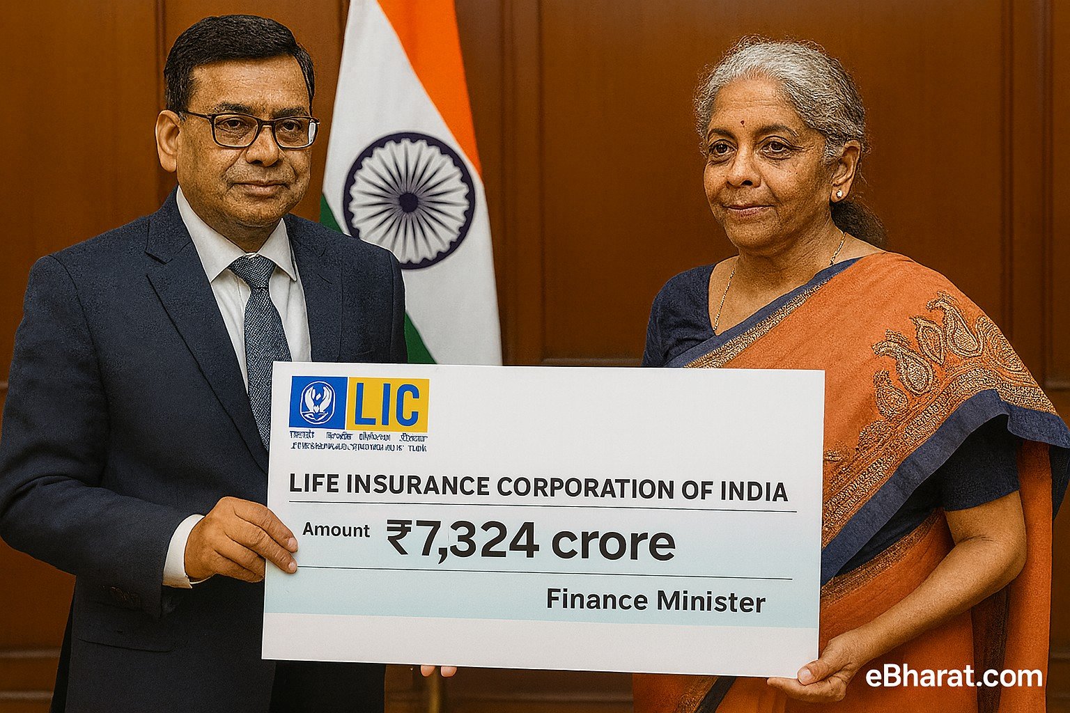 LIC Chairman Siddhartha Mohanty hands over a ₹7,324 crore dividend cheque to Finance Minister Nirmala Sitharaman in New Delhi, with LIC logo and eBharat.com watermark.