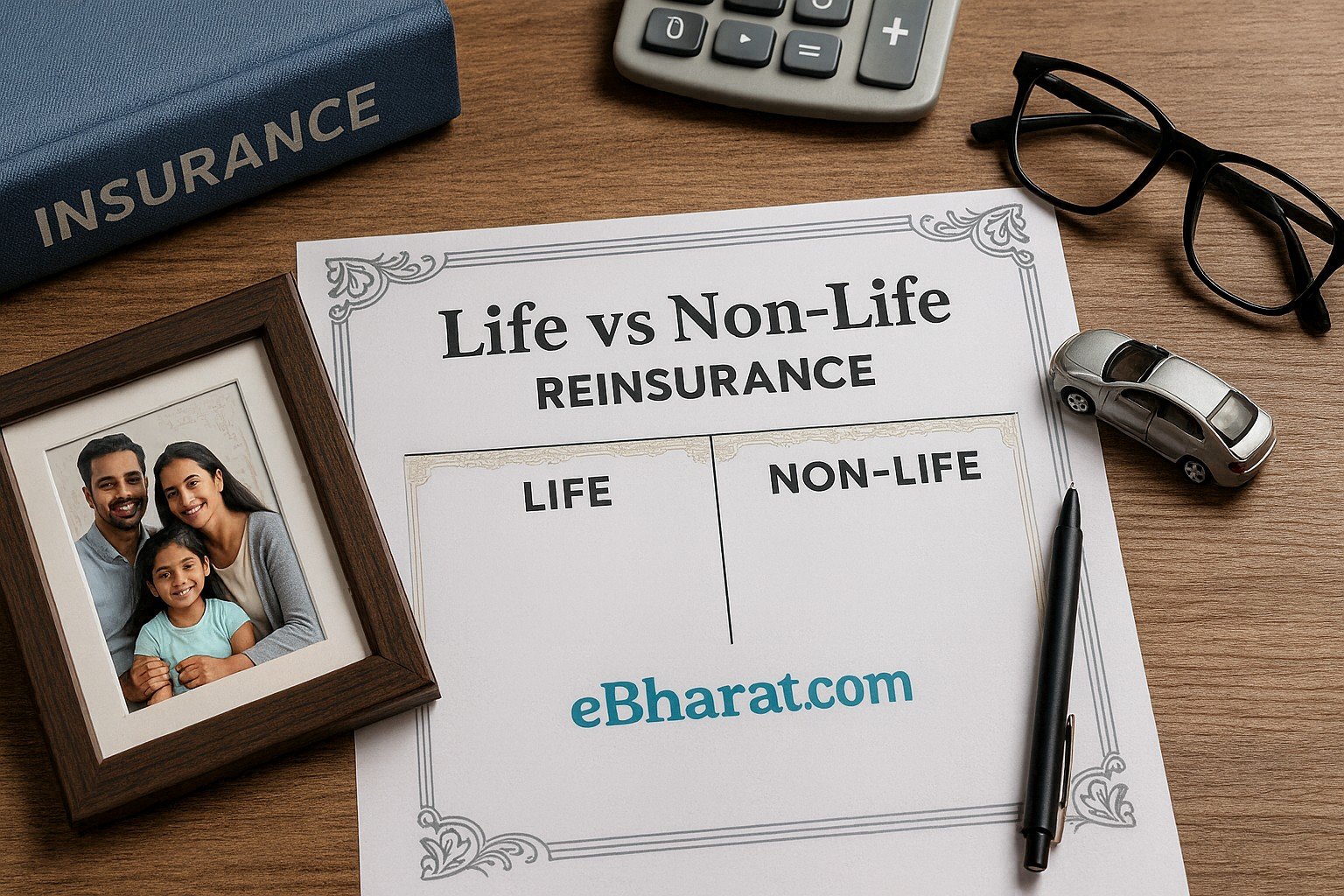 A professional desk scene showing a document titled “Life vs Non-Life Reinsurance” with two columns, one marked Life beside a family photo, and the other marked Non-Life with a toy car and insurance binder. The sheet carries eBharat.com branding, symbolizing the comparison of life and non-life reinsurance in India.