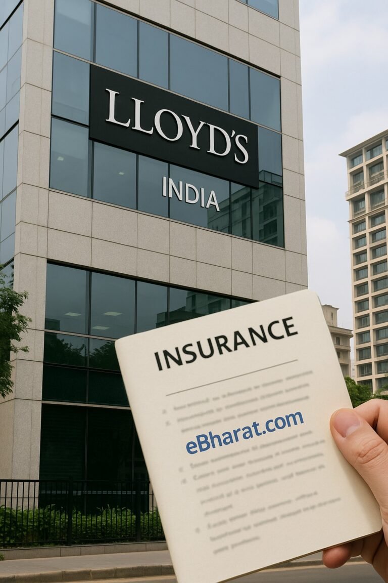 Daytime photograph of Lloyd’s India office building in Mumbai with Lloyd’s logo on the facade, and an Indian insurance policy document in the foreground marked with eBharat.com.