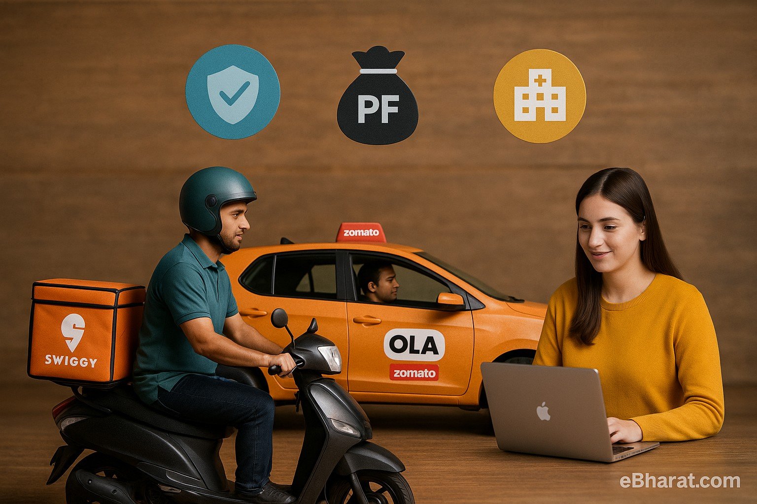 Swiggy delivery rider on scooter, Ola/Zomato cab driver, and freelancer with laptop — representing gig economy workers in Maharashtra with proposed welfare benefits like insurance, PF, and health coverage.