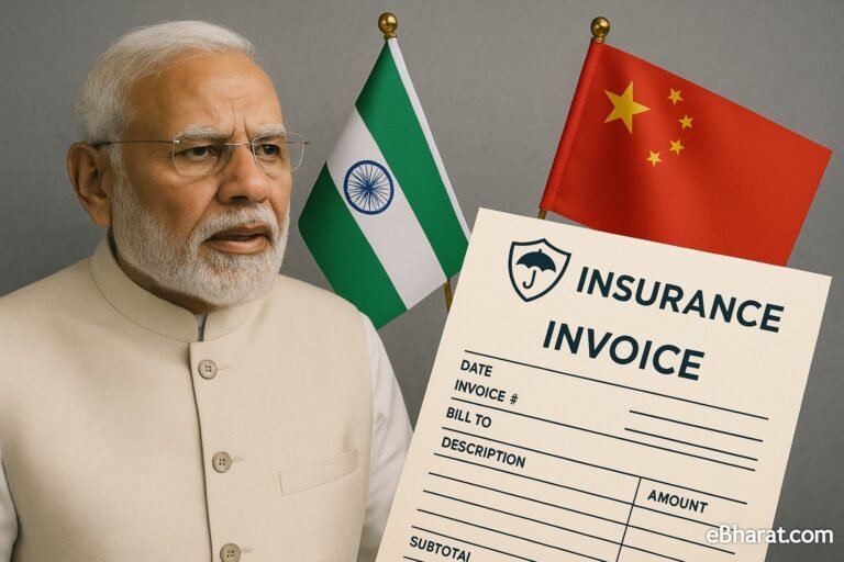 PM Modi with Indian and Chinese flags beside an insurance invoice document, symbolizing diplomatic talks possibly influencing FDI in India’s insurance sector.
