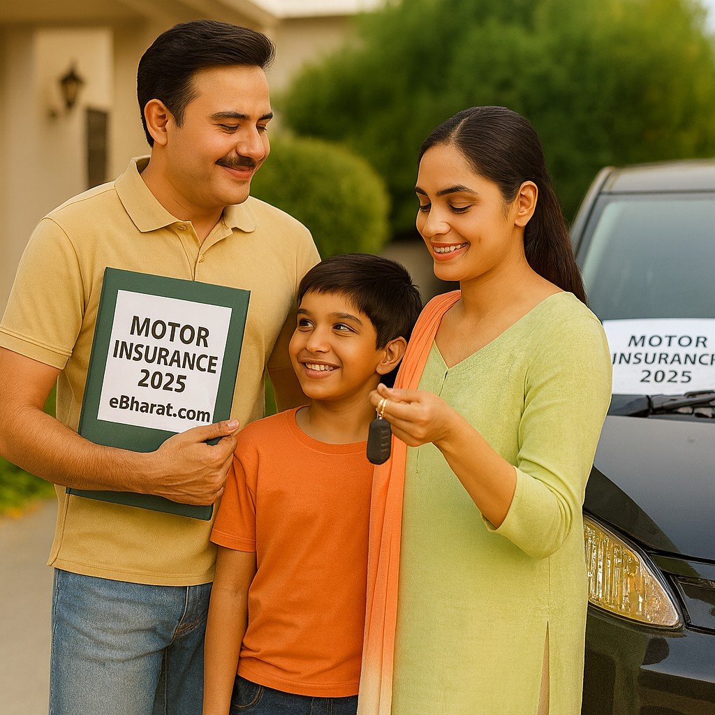 Indian family of three standing beside their car with motor insurance policy notebook labeled eBharat.com, symbolizing vehicle protection in India 2025.