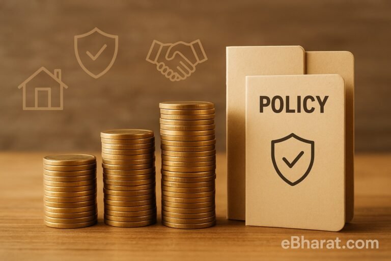 Three stacks of gold coins and two beige folders labeled “Policy” with generic insurance icons, placed on a wooden surface, symbolizing premium growth and lower policy counts; eBharat.com watermark at bottom right.