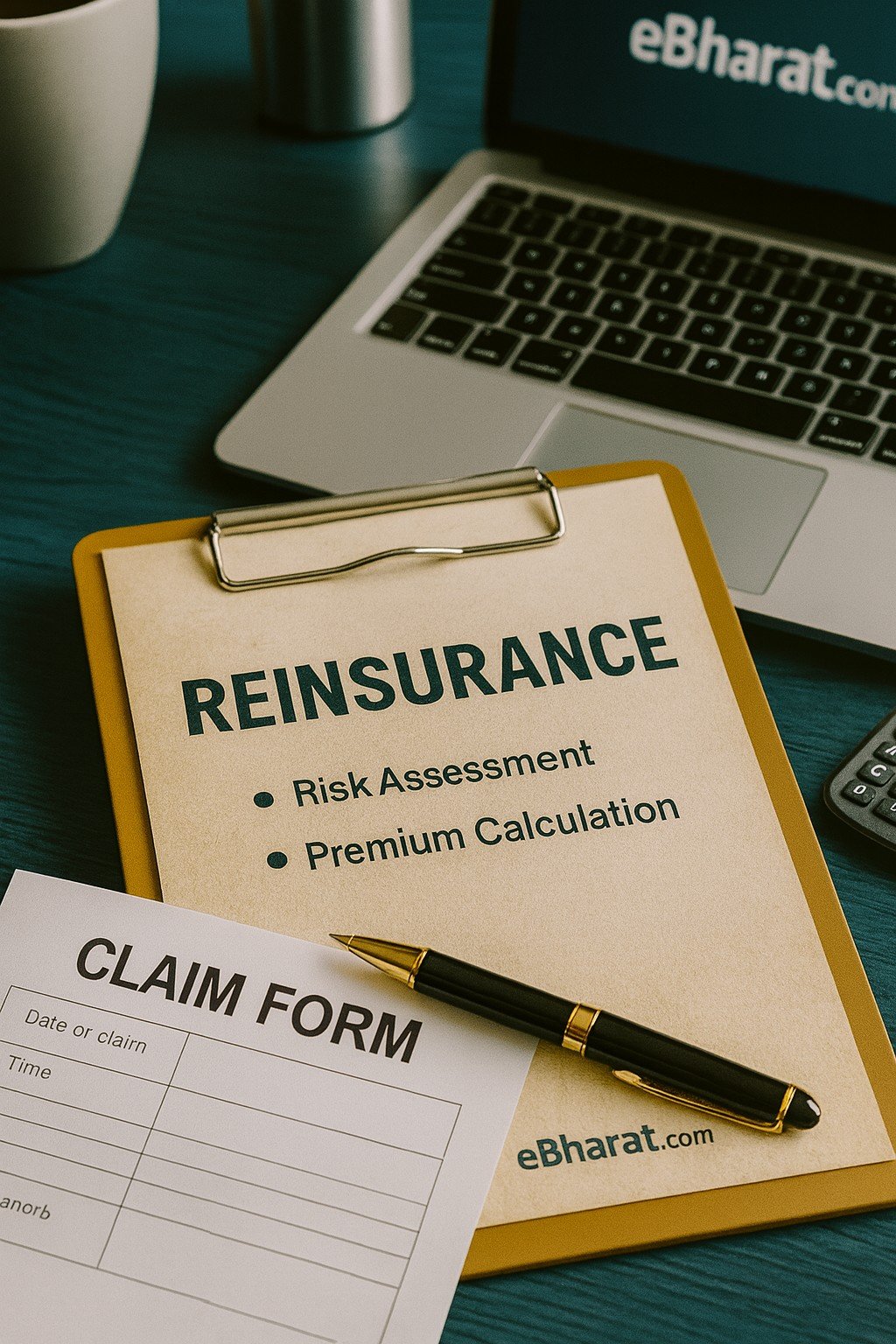 Reinsurance document with risk assessment and premium calculation on clipboard, claim form, pen, and laptop with eBharat.com branding