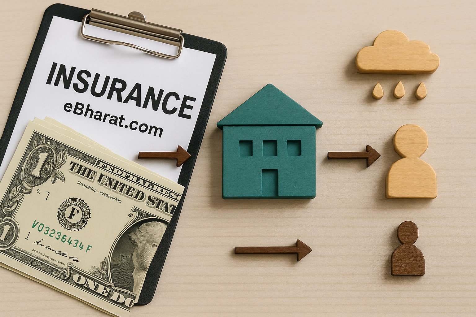 Insurance concept with clipboard, dollar bill, wooden house, and human figure showing cost flow in reinsurance pricing - eBharat.com