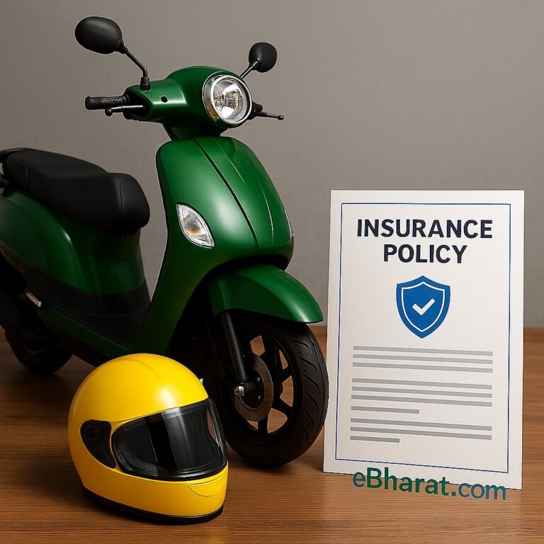 Green electric scooter with a yellow helmet and an insurance policy document on a wooden floor — representing Tamil Nadu’s subsidy and protection scheme for gig workers, eBharat.com watermark at bottom-right.
