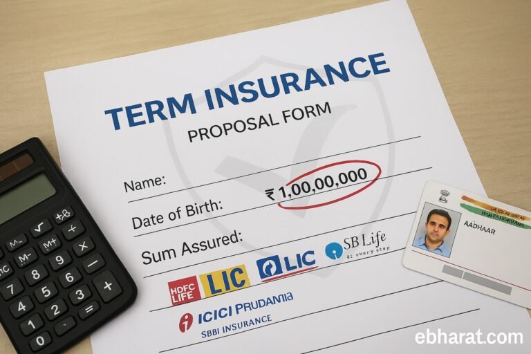 A term insurance proposal form showing ₹1 crore sum assured circled, with logos of LIC, HDFC Life, SBI Life, and ICICI Prudential, alongside a calculator and Aadhaar card on a desk.