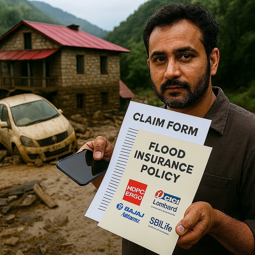 A man in Uttarakhand stands in front of a flood-damaged house and car, holding insurance documents with logos of HDFC ERGO, ICICI Lombard, SBI Life, and Bajaj Allianz.