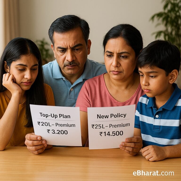Indian family comparing top-up vs new health insurance policy