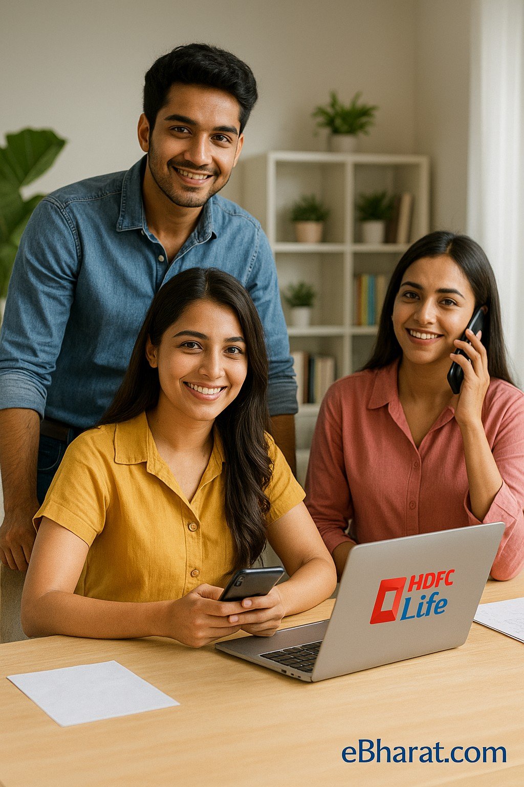 Three young Indian professionals in their 20s sitting at a desk with laptops and smartphones, smiling while discussing insurance plans — representing youth considering HDFC Life agency as a career.