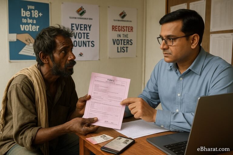 Indian citizen without permanent address applying for Voter ID with help from election officer.