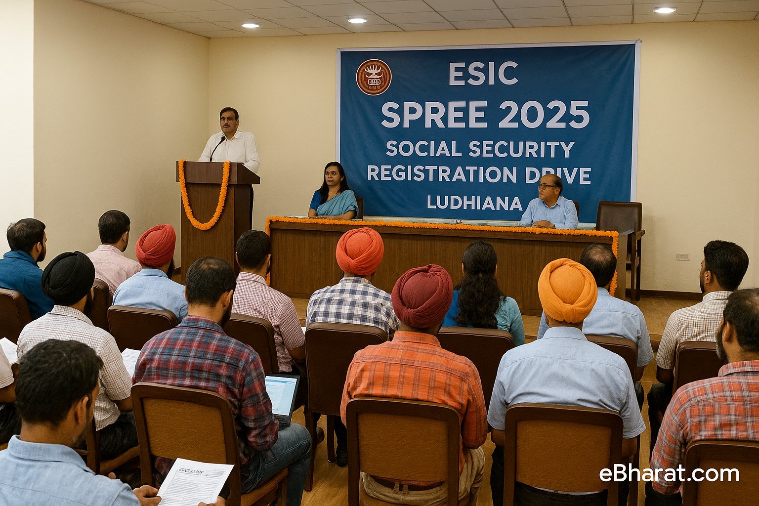 ESIC officials addressing workers and employers at SPREE 2025 registration drive in Ludhiana.