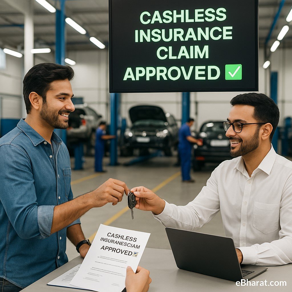 Indian customer handing car keys at a service center with cashless claim approval displayed, symbolizing motor insurance benefits in 2025.