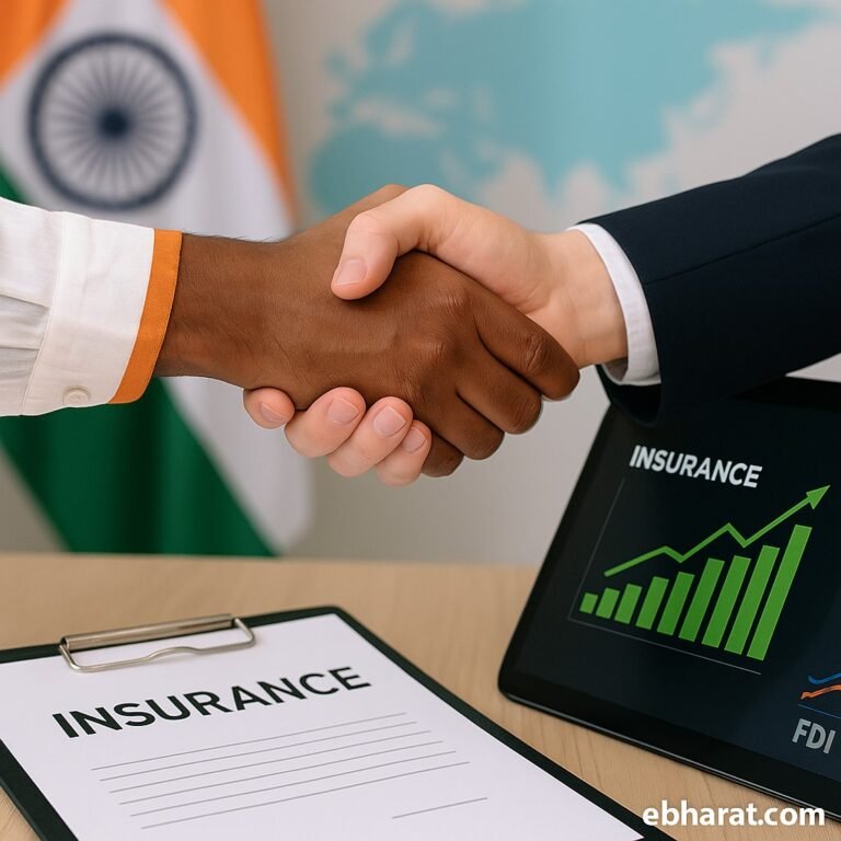 Handshake between Indian and foreign investor with insurance contract, symbolizing 100% FDI push by Indian insurers in 2025.