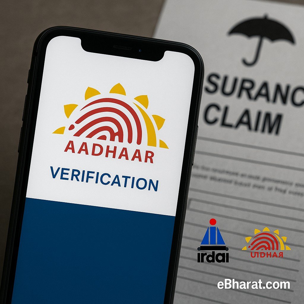 Smartphone showing Aadhaar verification screen beside an insurance claim form, with IRDAI and UIDAI logos visible