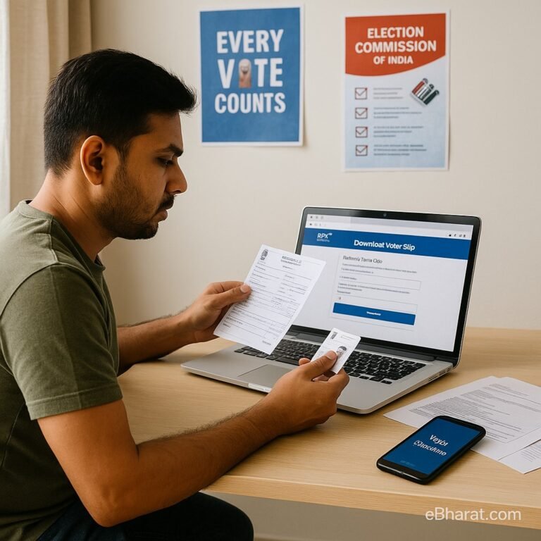 :"An Indian man sitting at a desk using a laptop on the NVSP portal 'Download Voter Slip' page, holding a printed voter slip and his voter ID card. A smartphone with the Voter Helpline app is on the desk, with election posters in the background. eBharat.com watermark visible at the bottom right."