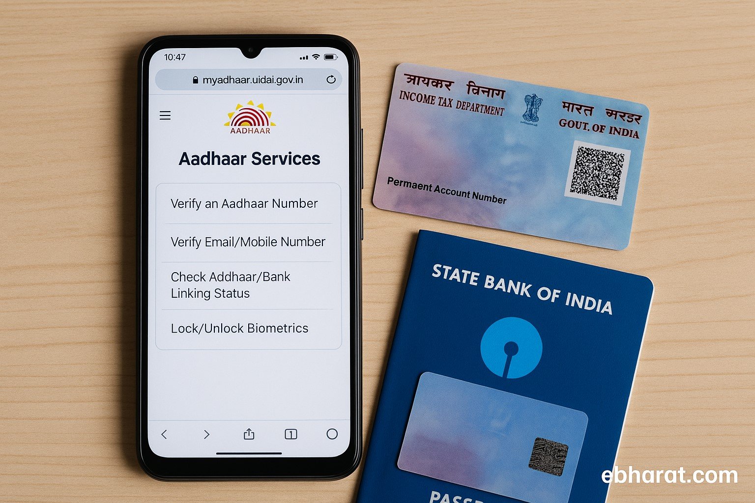 Smartphone displaying Aadhaar linking status with PAN card and bank passbook beside