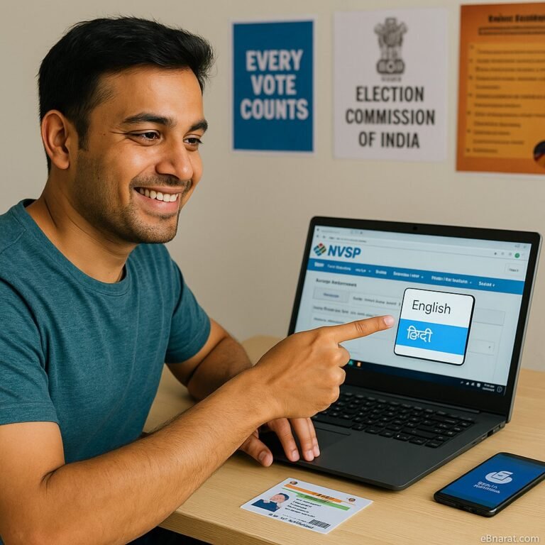 "An Indian citizen pointing at the language selection menu on the NVSP portal laptop screen showing English and Hindi options, while a smartphone with the Voter Helpline app is placed on the desk.",