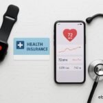 Smartwatch and fitness app alongside health insurance card and stethoscope, representing preventive insurance powered by wearables and AI.