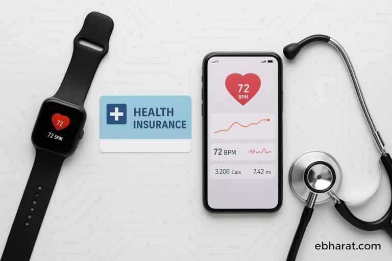 Smartwatch and fitness app alongside health insurance card and stethoscope, representing preventive insurance powered by wearables and AI.