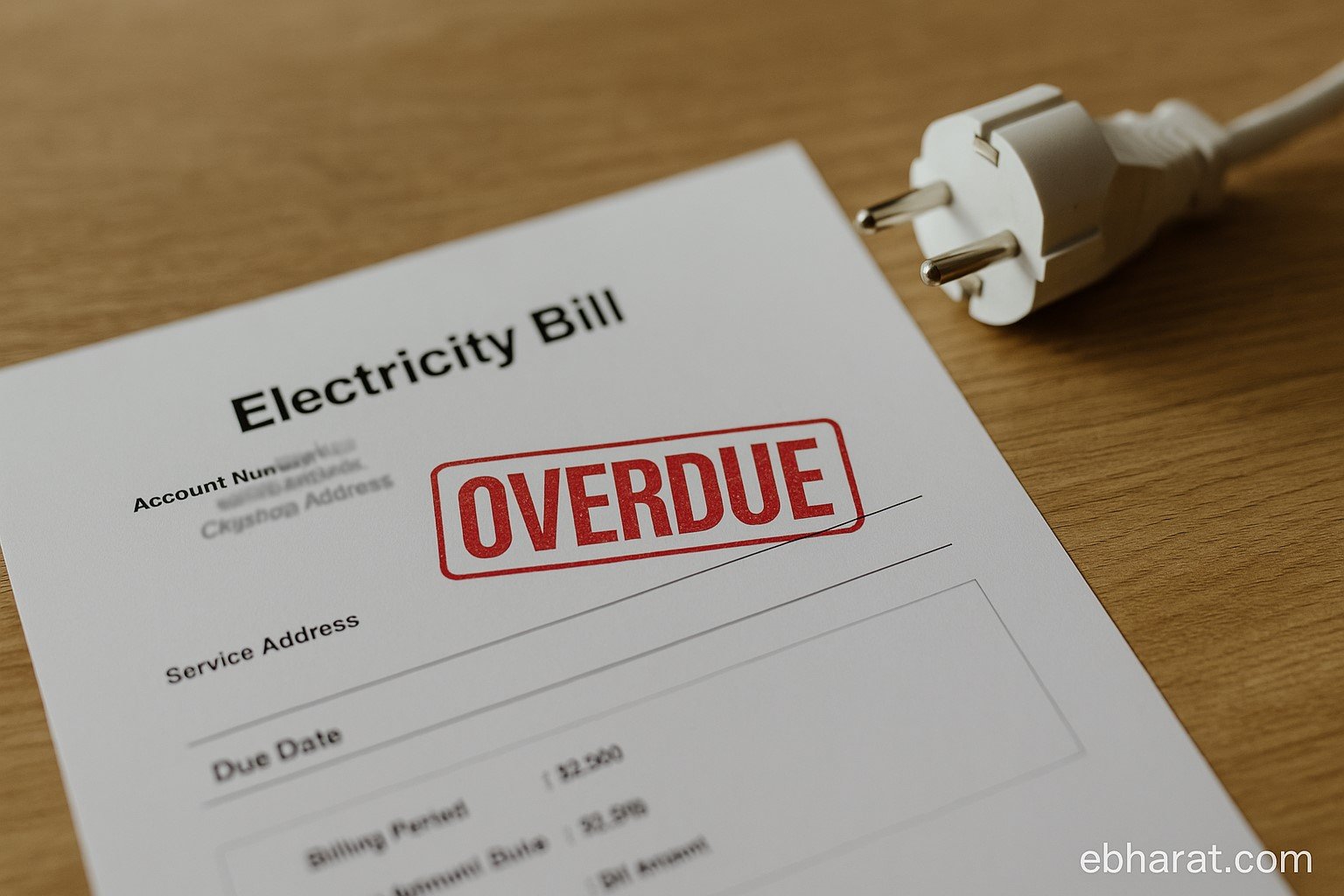 Overdue electricity bill on a wooden table with disconnected plug