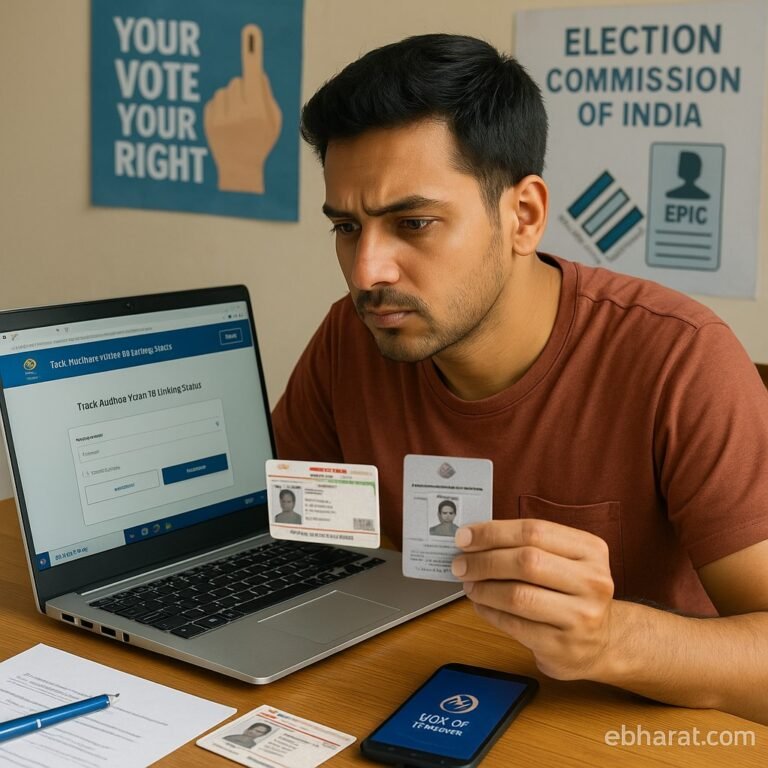 "An Indian citizen checking Aadhaar-Voter ID linking status on the NVSP portal laptop screen while holding Aadhaar and Voter ID cards, with Voter Helpline app open on a smartphone at the desk."