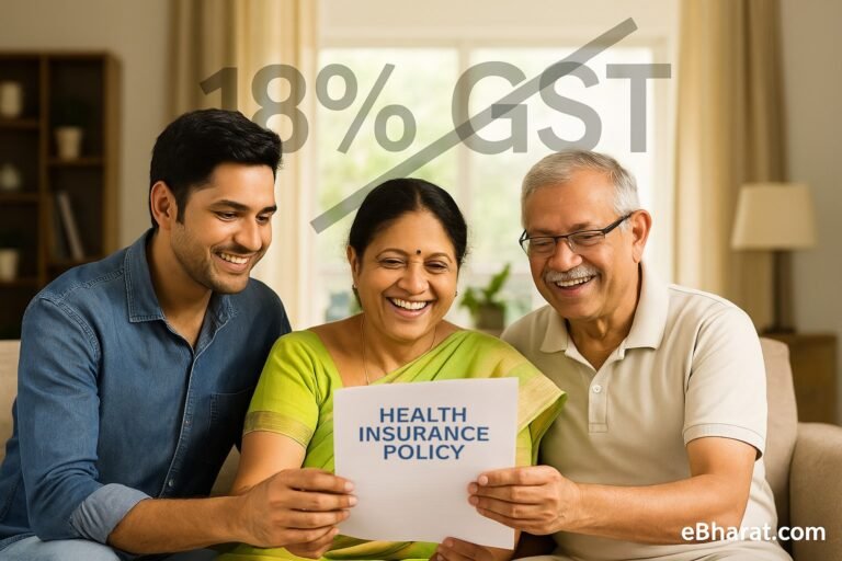 भारतीय परिवार घर पर बीमा पॉलिसी दस्तावेज़ देखते हुए खुश और राहत महसूस करता है, पृष्ठभूमि में "18% GST" का टेक्स्ट क्रॉस आउट दिख रहा है।