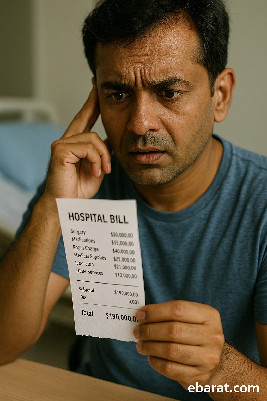 : Patient looking at a hospital bill resembling a luxury hotel receipt, highlighting high healthcare costs.