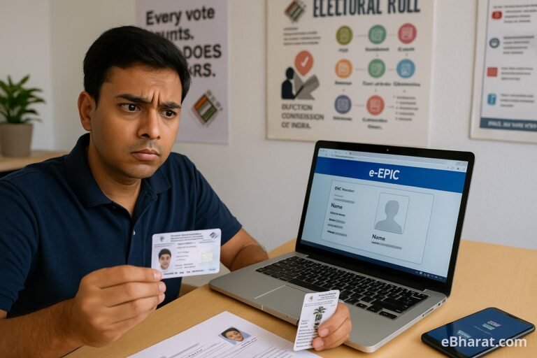 An Indian citizen sitting at a desk looking confused at his laptop showing an e-EPIC digital voter ID without a photo, while holding his voter ID card. Election commission posters are visible in the background, and a smartphone with the Voter Helpline app is on the desk.","
