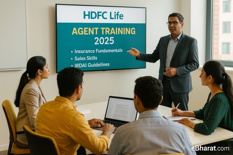 Indian trainees attending HDFC Life agent training in a modern classroom, with a trainer presenting slides on insurance concepts and IRDAI guidelines.