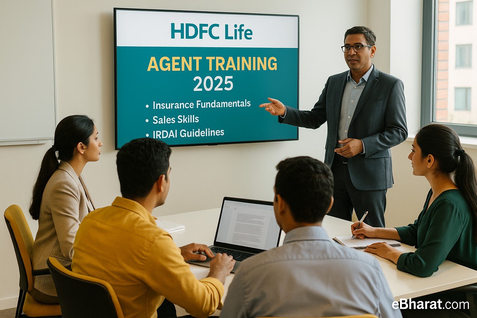 Indian trainees attending HDFC Life agent training in a modern classroom, with a trainer presenting slides on insurance concepts and IRDAI guidelines.