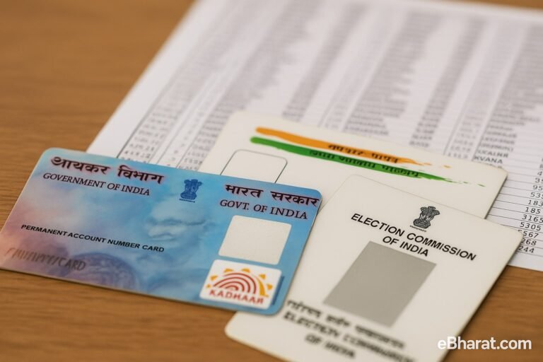 Aadhaar, PAN, and Election cards in focus, blurred voter list behind.