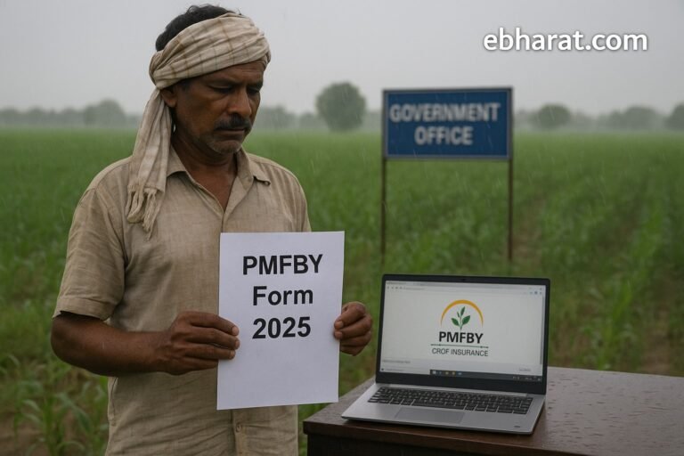 Farmer in monsoon field with PMFBY 2025 form as Uttar Pradesh extends crop insurance deadline to August 30.