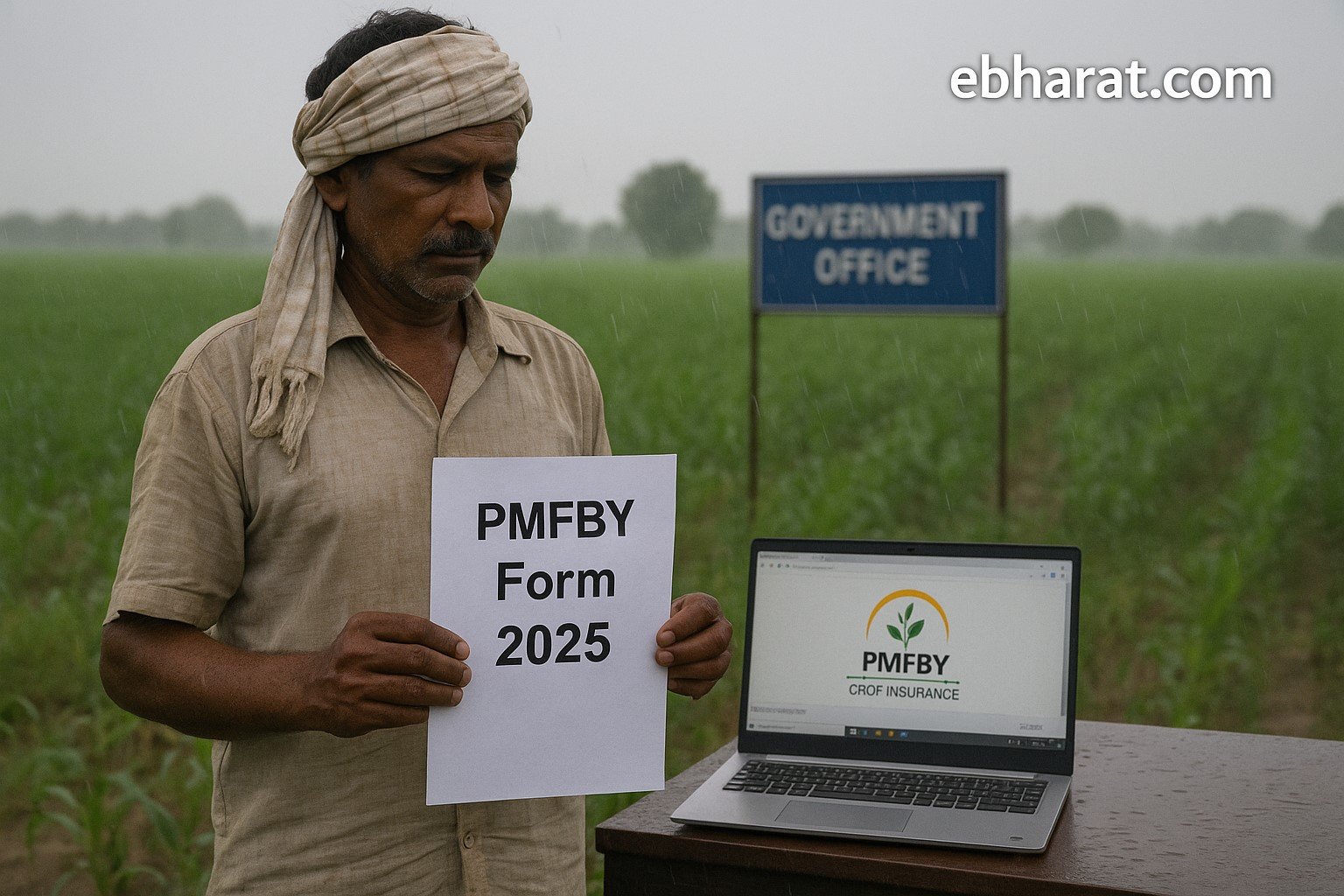 Farmer in monsoon field with PMFBY 2025 form as Uttar Pradesh extends crop insurance deadline to August 30.