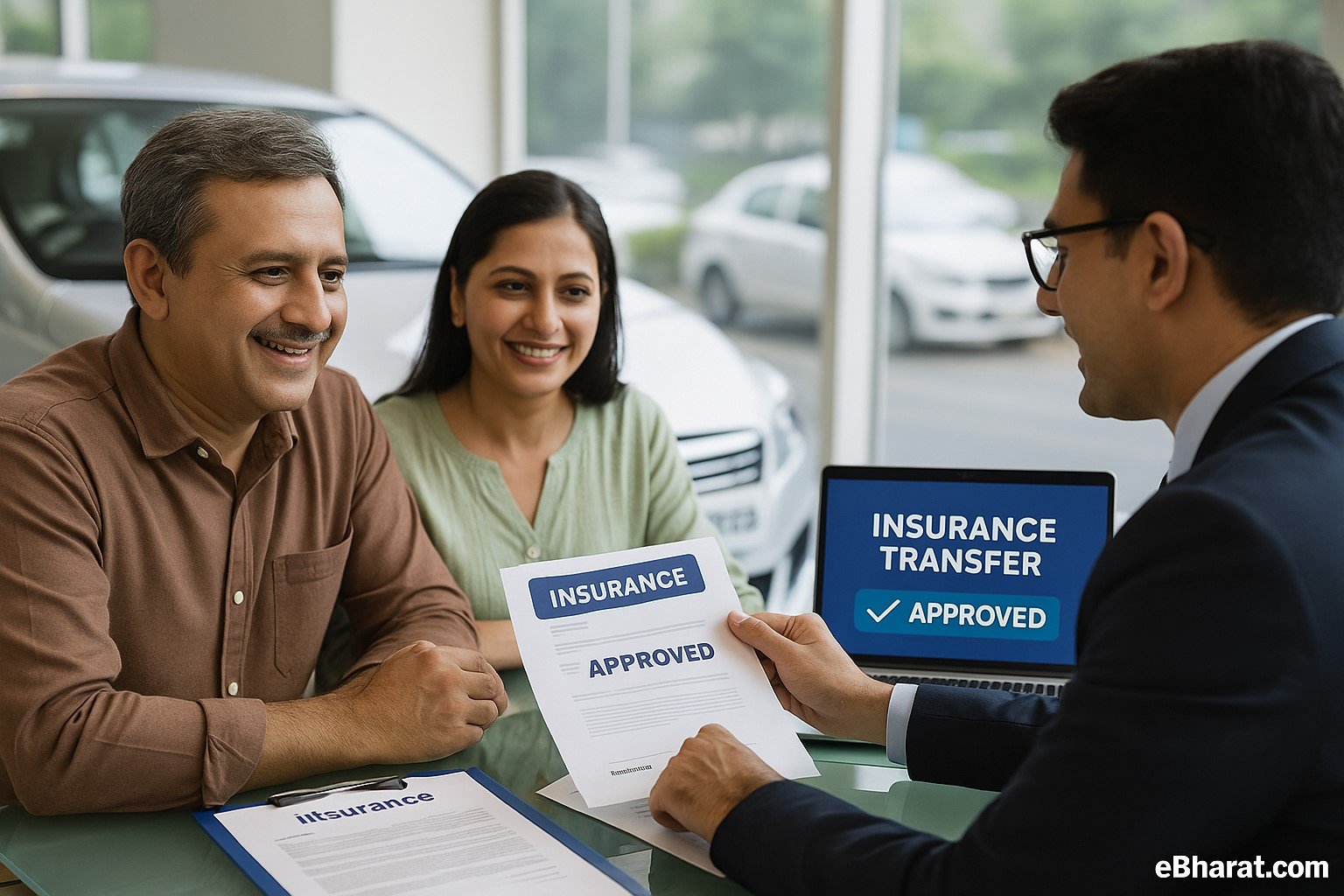 Indian couple buying a pre-owned car while financial advisor shows insurance transfer approval on laptop, symbolizing second-hand car insurance in 2025.