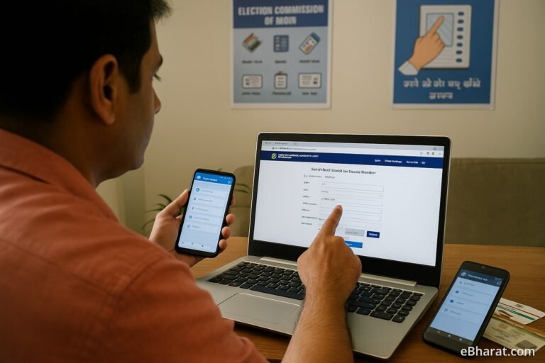 Indian citizen checking name in voter list online by house number on NVSP portal using laptop and smartphone.