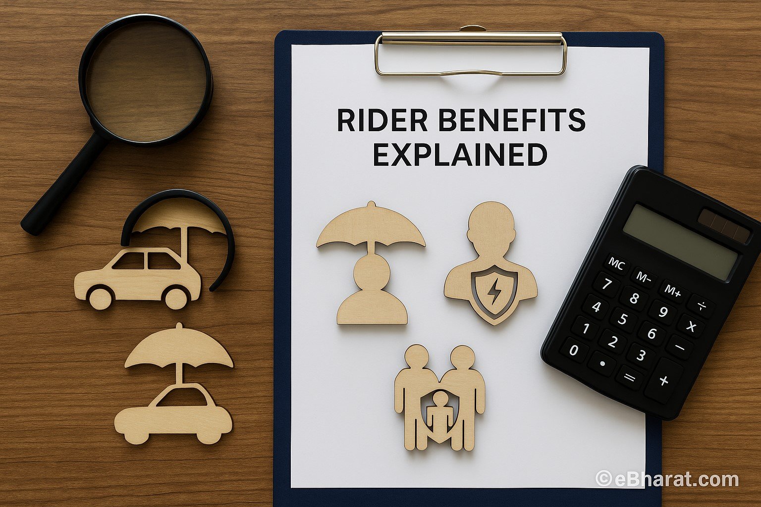 A conceptual digital photo showing two miniature wooden blocks labeled "Rider" and "Cover" placed near a stethoscope, representing life insurance rider benefits. The scene is clean, minimal, and softly lit.