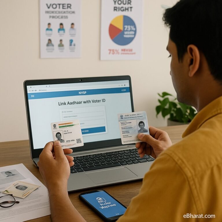 A realistic photo of an Indian citizen sitting at a desk with a laptop screen displaying the NVSP portal “Link Aadhaar with Voter ID” page, holding an Aadhaar card in one hand and a Voter ID card in the other. Documents and a smartphone with the Voter Helpline app are placed on the desk. Election commission posters are visible in the background, bright indoor daylight setting, with a subtle eBharat.com watermark at the bottom right.