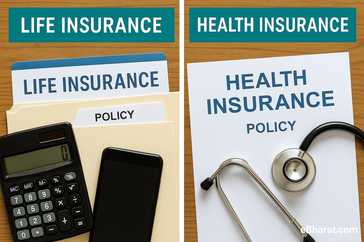 Split-screen showing life insurance documents with calculator and health insurance documents with stethoscope