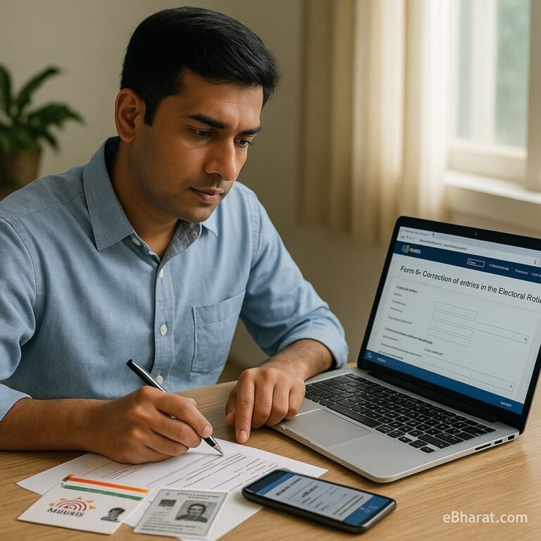 An Indian citizen sitting at a desk with a laptop, filling NVSP Form 8 for voter ID correction online, with Aadhaar card and voter ID placed on the table, bright indoor daylight, subtle eBharat.com watermark at the bottom right.