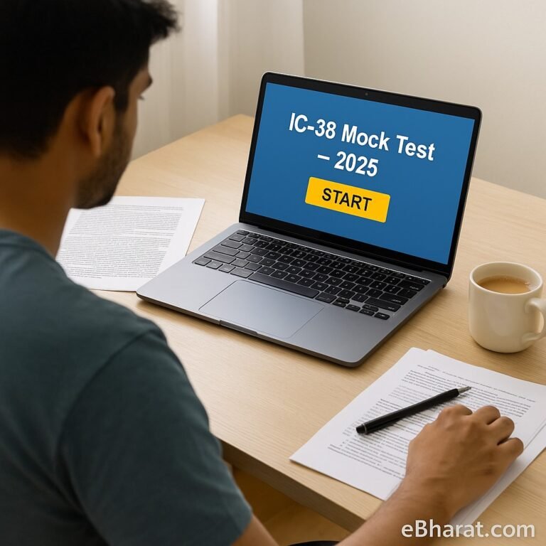 : Laptop screen showing IC-38 mock test with notes and chai cup on a study desk